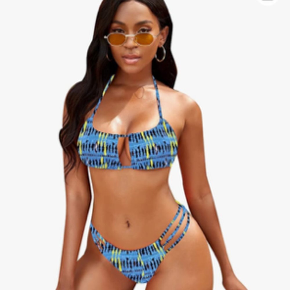 Women's Two-Piece Bikini Swimsuit Blue Yellow Geo Print Size Large